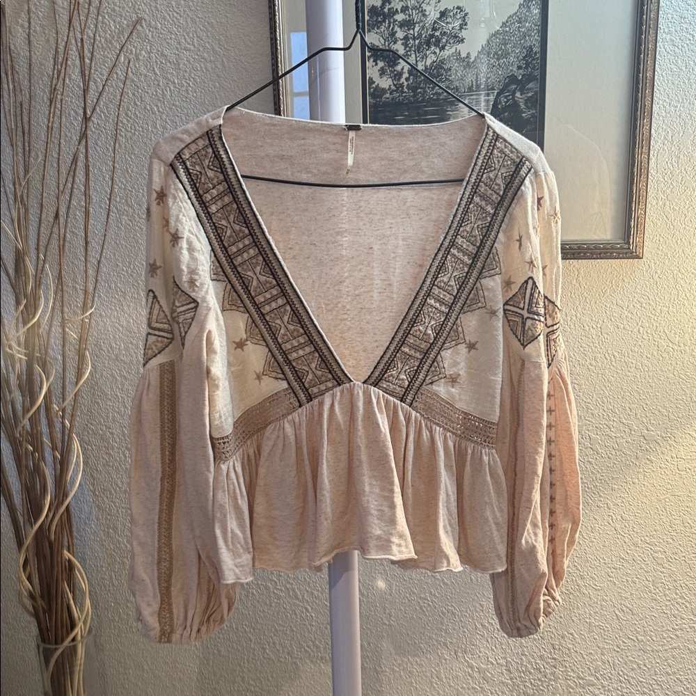 Free People Beige Embroidered Blouse